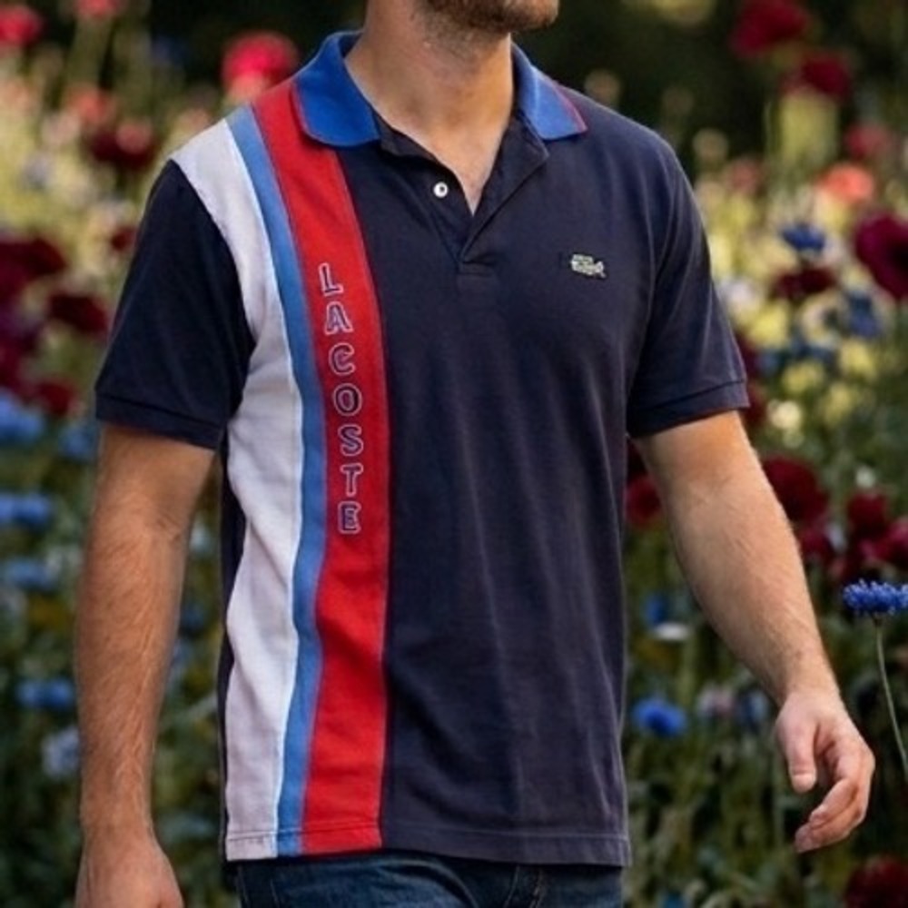 RARE Lacoste Mens Navy Blue Colorblock Vertical Polo Shirt Size 5 Large